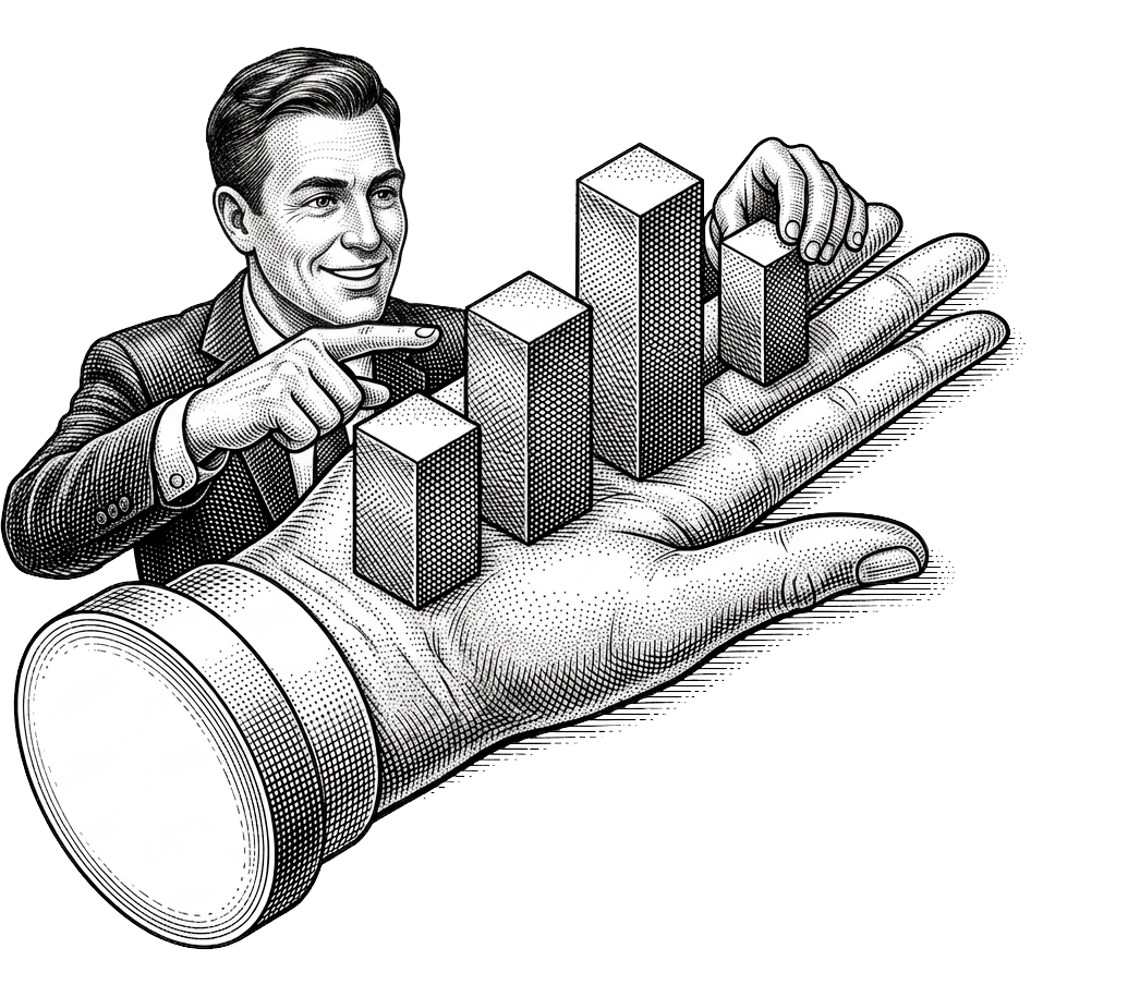 Director construyendo gráficas de barras con la mano — ilustración editorial estilo hedcut