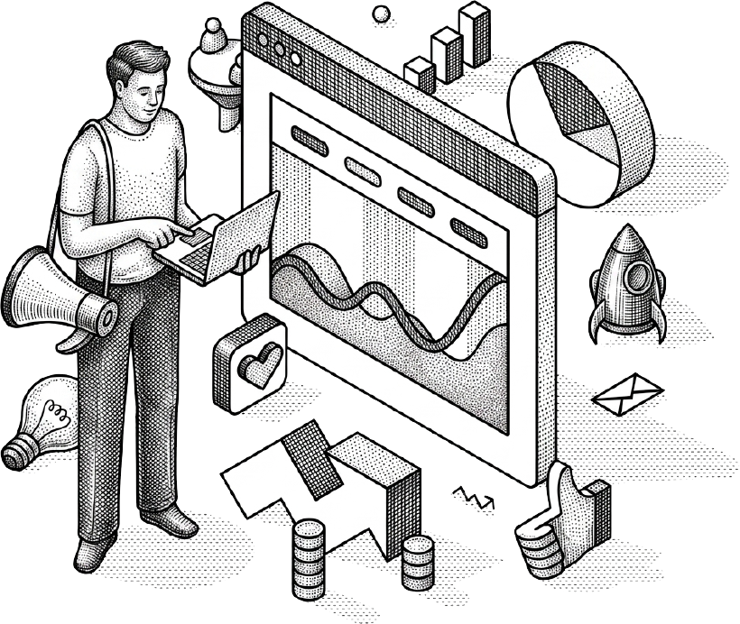 Estratega digital con laptop, megafóno y cohete — Marketing Digital