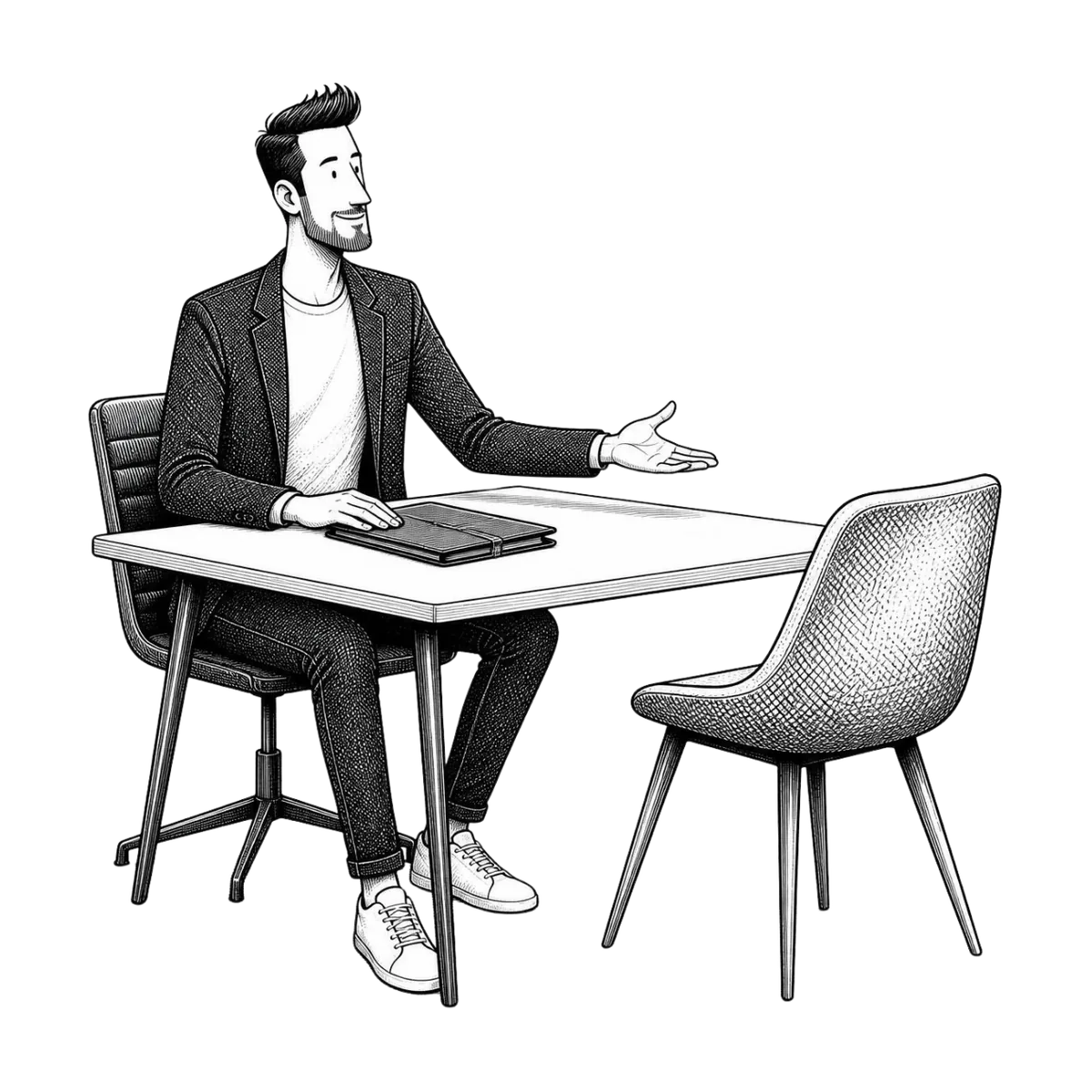 Consultor en una mesa ofreciendo la silla vacía de enfrente